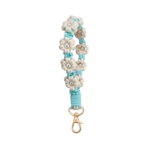 AOKSUNOVA Schlüsselanhänger Makramee Auto Schlüsselband kurz Geflochten Blume Schlüsselanhänger für Mädchen Weiß + Blau von AOKSUNOVA