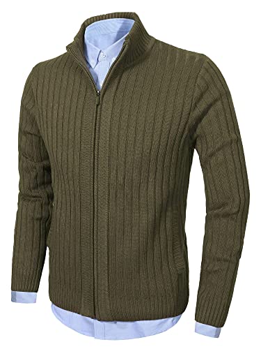 AOLI RAY Herren Strickjacke Stehkragen Cardigan mit Reißverschluß und Taschen Feinstrike Pullover Army Grün L von AOLI RAY