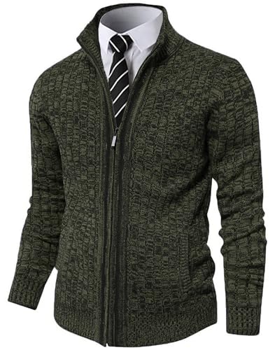 AOLI RAY Herren Strickjacke Stehkragen Cardigan mit Reißverschluß und Taschen Feinstrike Pullover Blended Dunkelgrün XL von AOLI RAY