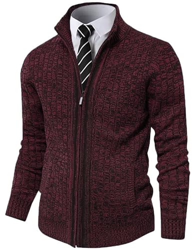 AOLI RAY Herren Strickjacke Stehkragen Cardigan mit Reißverschluß und Taschen Feinstrike Pullover Blended Weinrot XL von AOLI RAY