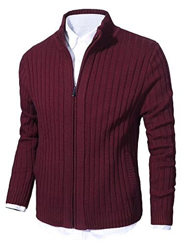 AOLI RAY Herren Strickjacke Stehkragen Cardigan mit Reißverschluß und Taschen Feinstrike Pullover Weinrot L von AOLI RAY