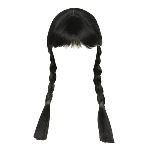AOMAIGAD Mittwoch Addams Perücke Mit Pony, Lange Schwarze Doppelt Geflochtene Perücken Für Frauen Mädchen, für Cosplay Party Fasching Karneval Halloween von AOMAIGAD