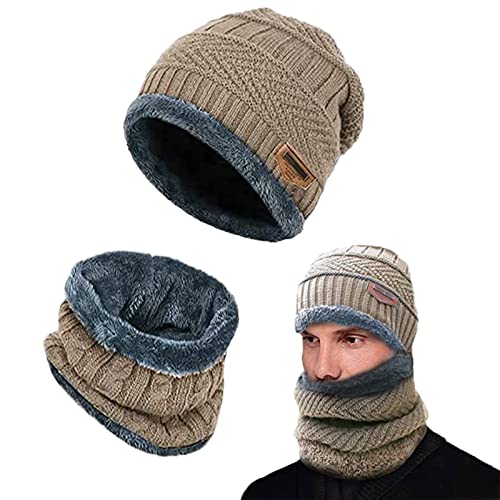 AOMAIGAD Wintermütze,Winter Beanie Mütze,Classics Mütze Herren Damen,Wintermütze und Schal-Set,Dicker, Weicher, Doppelschichtiger Plüschfutterhut und Halswärmer für Herren und Damen (Khaki) von AOMAIGAD