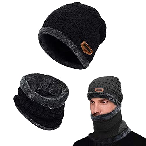 AOMAIGAD Wintermütze,Winter Beanie Mütze,Classics Mütze Herren Damen,Wintermütze und Schal-Set,Dicker, Weicher,Doppelschichtiger Plüschfutterhut und Halswärmer für Herren und Damen (Schwarz) von AOMAIGAD