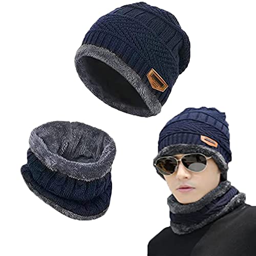 AOMAIGAD Wintermütze,Winter Beanie Mütze,Classics Mütze Herren Damen,Wintermütze und Schal-Set,Dicker, Weicher, Doppelschichtiger Plüschfutterhut und Halswärmer für Herren und Damen (blau) von AOMAIGAD