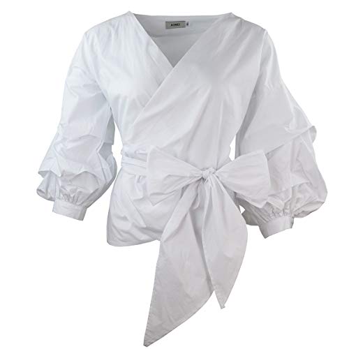 AOMEI Damen-Blusen für Frühling und Sommer, mit Puffärmeln und Schärpen, Weiss/opulenter Garten, Mittel von AOMEI