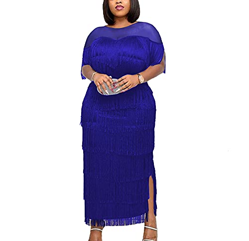 AOMEI Damen Mesh See Through Crewneck Patchwork Quaste Gestuftes Fransen Langes Kleid, Blau, Groß von AOMEI