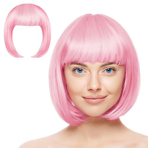 AOMIG Kurze Bob Perücke, Wig mit 2 x Haarnetz, Bunte Neon-Bob-Perücke, Perücken Haarteile Cosplay für Karneval/Fasching & Motto Party, Halloween Dekorationen (Rosa/B) von Aomig