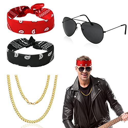 Aomig Punk Gothic Rocker Kit,Heavy Metal Rock für 70er 80er 90er Jahre Outfit Damen Herren, 4 Stück Hip Hop Disco Kostüm Accessoires:Sonnenbrille,Goldketten, 2 x Bandanas, Rock Frauen Rapper Zubehör von Aomig