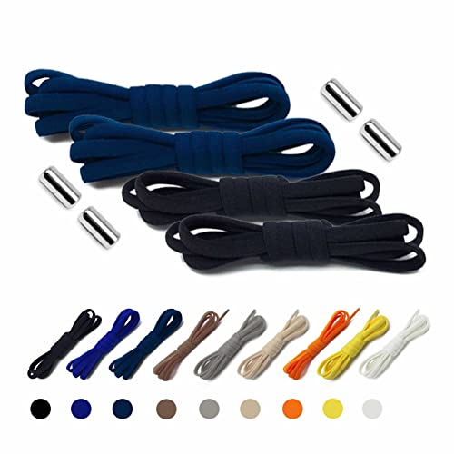 2 Paar Schleifenlose Schuhbänder Schnürsenkel mit Schnellverschluss elastische Schnürsenkel mit Metallverschluss No Tie Shoelaces Gummi Schuhband Metallkapsel für Sport Kinder - Schwarz + Marineblau von AONAT