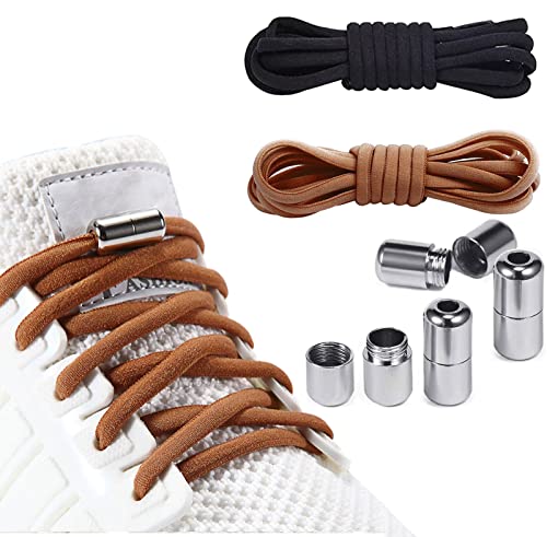 AONAT 2 Paar Schleifenlose Schuhbänder Schnürsenkel mit Schnellverschluss elastische Schnürsenkel mit Metallverschluss No Tie Shoelaces Gummi Schuhband Metallkapsel für Sport Kinder - Schwarz + Braun von AONAT