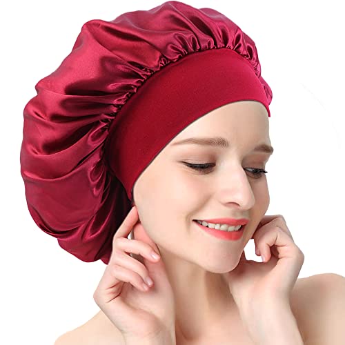 AONAT Schlafmütze Satin Bonnet Nacht Schlaf Mütze Verstellbare Schlafkappe Kopfbedeckung Weiche Kopfhaube Schlaf Kopf Abdeckung für Damen Mädchen Schlafen - Rot von AONAT