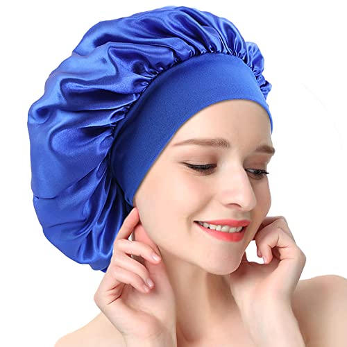 AONAT Schlafmütze Satin Cap, Doppelschicht Schlafhaube Mütze Damen Mädchen, Verstellbar Seide Haube Weiche Große Satin Kappe Bonnet zum Nacht Schlafe Haarpflege Badekurort Hauptgebrauch - Blau von AONAT