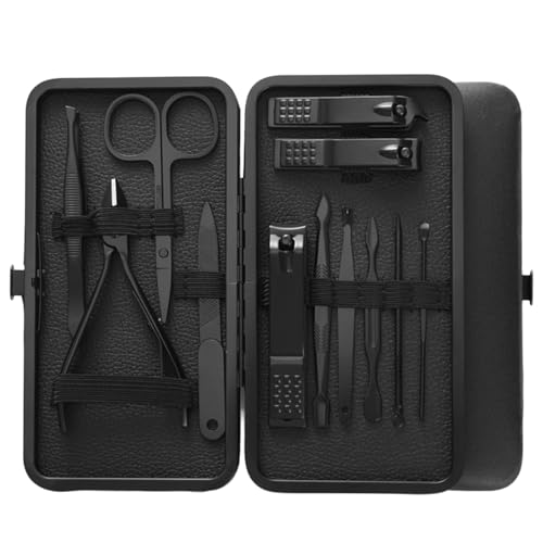 ManiküRe Set,Nagelknipser Und PediküRe-Set,12-Teilig,Edelstahl Nagelset,MäNner Und Frauen Nagelpflegeset,Nagel Set,Werkzeuge Mit LuxuriöSer Reise-Geschenkbox Aus Leder (12-Teilig,Schwarz) von AONAYO