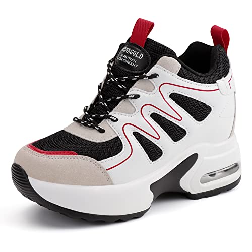 AONEGOLD® Sneaker mit Keilabsatz Damen Bequeme Atmungsaktiv Sportschuhe Turnschuhe Wedges Freizeitschuhe Keilabsatz 7 cm(Rot, 39) von AONEGOLD