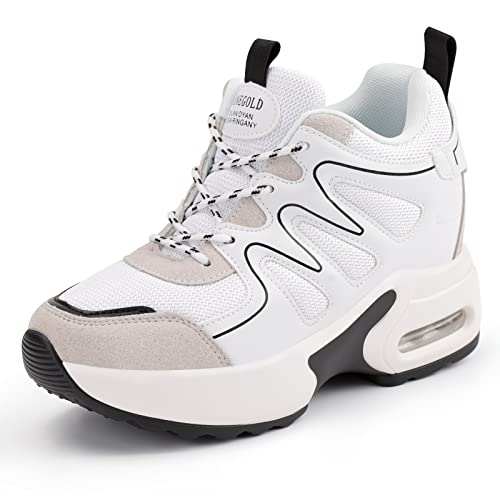 AONEGOLD® Sneaker mit Keilabsatz Damen Bequeme Atmungsaktiv Sportschuhe Turnschuhe Wedges Freizeitschuhe Keilabsatz 7 cm(Weiß, 39) von AONEGOLD