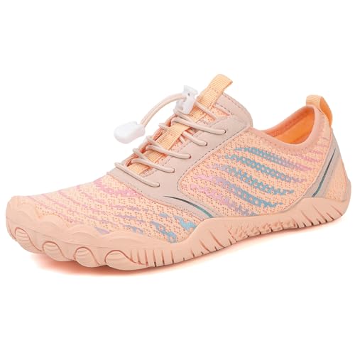 AONEGOLD Barfußschuhe Damen Herren Wasserschuhe Badeschuhe Sommer Strandschuhe Surfschuhe Schwimmschuhe Aquaschuhe Fitnessschuhe mit rutschfest Sohle Zehenschuhe Schnell Trocknend(Hell Rosa,Größe 38) von AONEGOLD