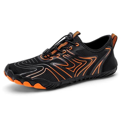 AONEGOLD Barfußschuhe Damen Herren Wasserschuhe Badeschuhe Sommer Strandschuhe Surfschuhe Schwimmschuhe Aquaschuhe Fitnessschuhe mit rutschfest Sohle Zehenschuhe Schnell Trocknend(Orange,Größe 44) von AONEGOLD