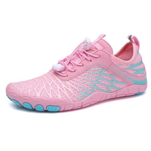 AONEGOLD Barfußschuhe Damen Herren Wasserschuhe Badeschuhe Sommer Strandschuhe Surfschuhe Schwimmschuhe Aquaschuhe Fitnessschuhe mit rutschfest Sohle Zehenschuhe Schnell Trocknend(Rosa,Größe 36) von AONEGOLD