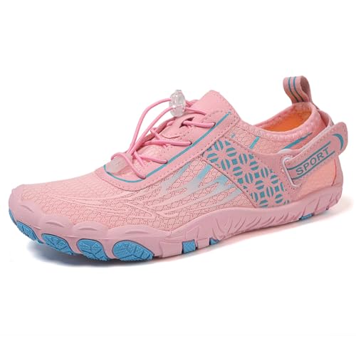 AONEGOLD Barfußschuhe Damen Herren Wasserschuhe Badeschuhe Sommer Strandschuhe Surfschuhe Schwimmschuhe Aquaschuhe Fitnessschuhe mit rutschfest Sohle Zehenschuhe Schnell Trocknend(Rosa,Größe 37) von AONEGOLD