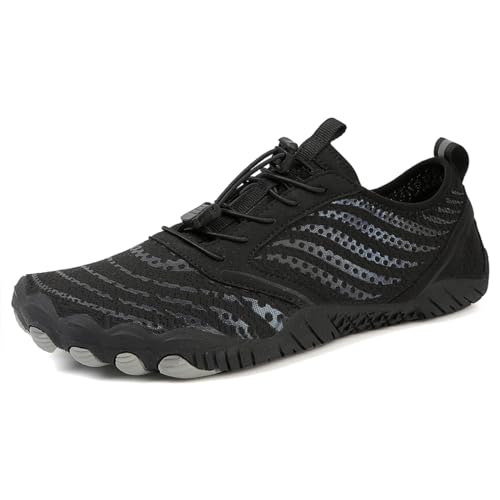 AONEGOLD Barfußschuhe Damen Herren Wasserschuhe Badeschuhe Sommer Strandschuhe Surfschuhe Schwimmschuhe Aquaschuhe Fitnessschuhe mit rutschfest Sohle Zehenschuhe Schnell Trocknend(Schwarz,Größe 45) von AONEGOLD
