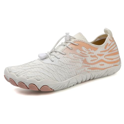 AONEGOLD Barfußschuhe Damen Herren Wasserschuhe Badeschuhe Sommer Strandschuhe Surfschuhe Schwimmschuhe Aquaschuhe Fitnessschuhe mit rutschfest Sohle Zehenschuhe Schnell Trocknend(Weiß,Größe 36) von AONEGOLD