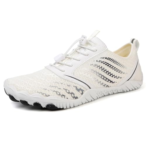 AONEGOLD Barfußschuhe Damen Herren Wasserschuhe Badeschuhe Sommer Strandschuhe Surfschuhe Schwimmschuhe Aquaschuhe Fitnessschuhe mit rutschfest Sohle Zehenschuhe Schnell Trocknend(Weiß,Größe 36) von AONEGOLD