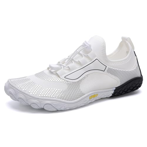 AONEGOLD Barfußschuhe Damen Herren Wasserschuhe Badeschuhe Sommer Strandschuhe Surfschuhe Schwimmschuhe Aquaschuhe Fitnessschuhe mit rutschfest Sohle Zehenschuhe Schnell Trocknend(Weiß,Größe 37) von AONEGOLD