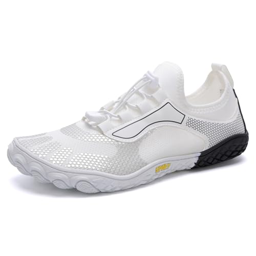 AONEGOLD Barfußschuhe Damen Herren Wasserschuhe Badeschuhe Sommer Strandschuhe Surfschuhe Schwimmschuhe Aquaschuhe Fitnessschuhe mit rutschfest Sohle Zehenschuhe Schnell Trocknend(Weiß,EU 48) von AONEGOLD