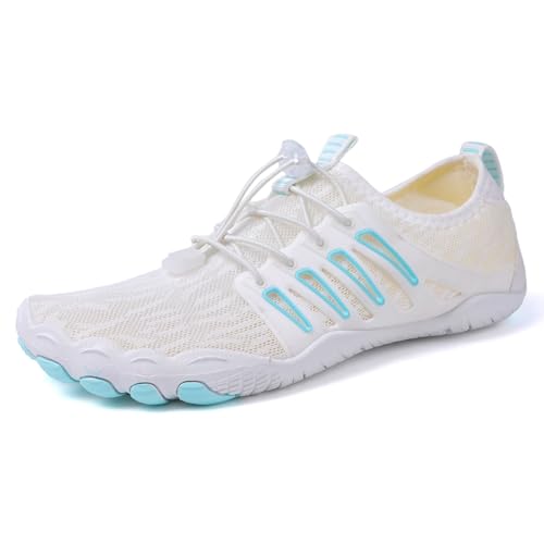 AONEGOLD Barfußschuhe Damen Herren Wasserschuhe Badeschuhe Sommer Strandschuhe Surfschuhe Schwimmschuhe Aquaschuhe Fitnessschuhe mit rutschfest Sohle Zehenschuhe Schnell Trocknend(Weiß Blau,Größe 39) von AONEGOLD