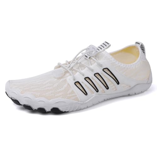 AONEGOLD Barfußschuhe Damen Herren Wasserschuhe Badeschuhe Sommer Strandschuhe Surfschuhe Schwimmschuhe Aquaschuhe Fitnessschuhe mit rutschfest Sohle Zehenschuhe Schnell Trocknend(Weiß Schwarz,36 EU) von AONEGOLD