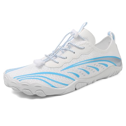 AONEGOLD Barfußschuhe Herren Leicht rutschfest Badeschuhe Damen Weich Atmungsaktiv Wasserschuhe Schnell Trocknen Wassersport Strandschuhe Minimalistische Aquaschuhe Schwimmschuhe (Weiß Blau,37 EU) von AONEGOLD