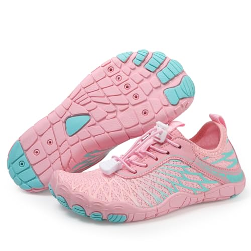 AONEGOLD Barfußschuhe Kinder Leicht Weich Badeschuhe Junge Mädchen Atmungsaktiv rutschfest Wasserschuhe Strandschuhe Schnell Trocknend Aquaschuhe Sportschuhe (Rosa,27EU) von AONEGOLD