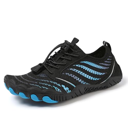 AONEGOLD Barfußschuhe Kinder Leicht Weich Badeschuhe Junge Mädchen Atmungsaktiv rutschfest Wasserschuhe Strandschuhe Schnell Trocknend Aquaschuhe Sportschuhe (Schwarz Blau,28EU) von AONEGOLD