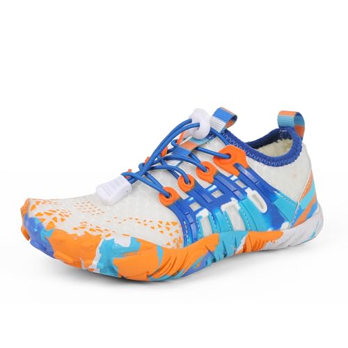 AONEGOLD Barfußschuhe Kinder Wasserschuhe Junge Mädchen Badeschuhe Schnell Trocknend Schwimmschuhe Leichte Atmungsaktiv Strandschuhe rutschfest Aquaschuhe(Weiß Blau,28 EU) von AONEGOLD
