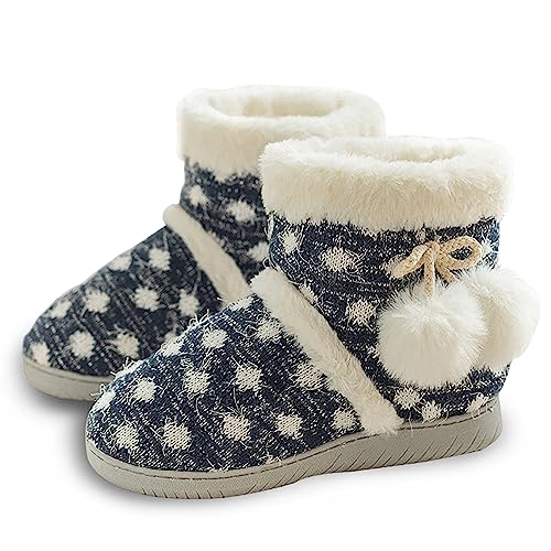 AONEGOLD Damen Hausschuhe Plüsch Gefüttert Hausstiefel Winter Warm Hüttenstiefel Bequeme Flauschige Gestrickte rutschfeste Hüttenschuhe(Dunkelblau,Größe 38-39) von AONEGOLD