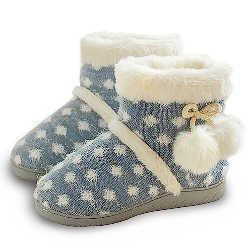 AONEGOLD Damen Hausschuhe Plüsch Gefüttert Hausstiefel Winter Warm Hüttenstiefel Bequeme Flauschige Gestrickte rutschfeste Hüttenschuhe(Hellblau,Größe 36-37) von AONEGOLD