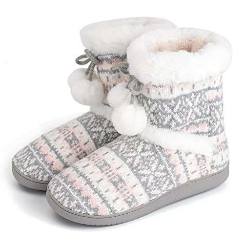 AONEGOLD Damen Hausschuhe Plüsch Gefüttert Hausstiefel Winter Warm Hüttenstiefel Bequeme Flauschige Gestrickte rutschfeste Hüttenschuhe(Rosa Grau,Größe 35-36) von AONEGOLD