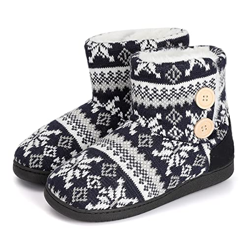 AONEGOLD Damen Herren Hausschuhe Plüsch Gefüttert Hausstiefel Winter Warm Hüttenstiefel Bequeme Flauschige Gestrickte rutschfeste Hüttenschuhe(Blau,Größe 36-37) von AONEGOLD