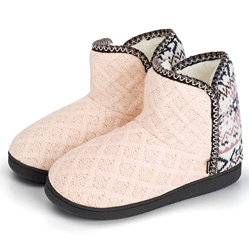 AONEGOLD Damen Herren Hausschuhe Plüsch Gefüttert Hausstiefel Winter Warm Hüttenstiefel Bequeme Flauschige Gestrickte rutschfeste Hüttenschuhe(Rosa 8870,Größe 36-37) von AONEGOLD