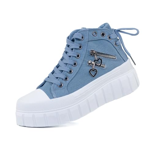 AONEGOLD Damen High Top Canvas Sneaker Leicht rutschfest Dicke Sohle Canvas Sportschuhe Atmungsaktiv Canvas Stoff Freizeitschuhe Schnürer Sportliche Turnschuhe (Blau/37EU) von AONEGOLD