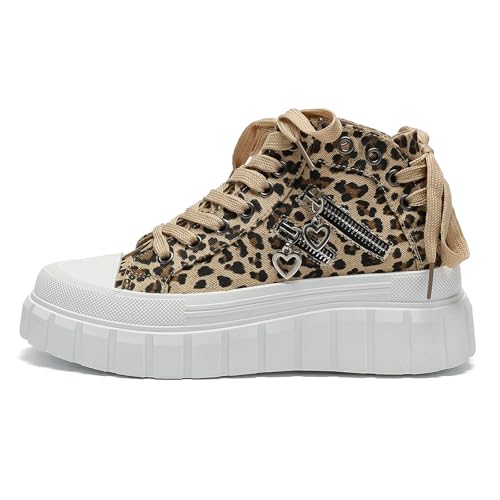 AONEGOLD Damen High Top Canvas Sneaker Leicht rutschfest Dicke Sohle Canvas Sportschuhe Atmungsaktiv Canvas Stoff Freizeitschuhe Schnürer Sportliche Turnschuhe (Braun/38EU) von AONEGOLD