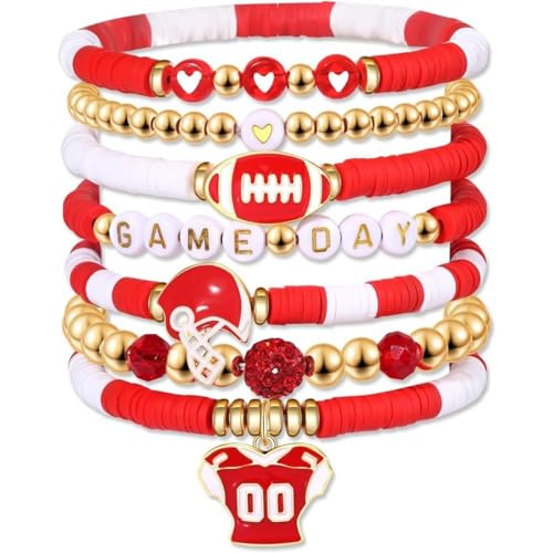 AONEGOLD Damen Modischer Match Day Armband 8 Stück Stackable Bracelet Armbänder Set Stretch Armbänder aus Fimo Mädchen Modeschmuck Sportschmuck Frauen Party Weihnachten Geburtstag Jubiläum (G) von AONEGOLD