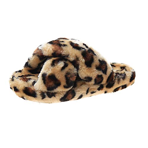 AONEGOLD Damen Plüsch Hausschuhe Weiche Wärme Flauschige Kunstpelz Pantoffeln Flache rutschfeste Bequem Indoor Outdoor Slipper(Leopard braun,Größe 40-41) von AONEGOLD