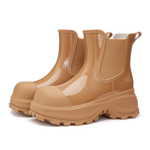 AONEGOLD Damen Regenstiefel Wasserdichte Gummistiefel Rutschfest Dicker Absatz Stiefeletten Leicht Atmungsaktiv Regenstiefel Outdoor Mode Gartenschuhe (Braun,40EU) von AONEGOLD