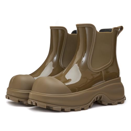 AONEGOLD Damen Regenstiefel Wasserdichte Gummistiefel Rutschfest Dicker Absatz Stiefeletten Leicht Atmungsaktiv Regenstiefel Outdoor Mode Gartenschuhe (Grün,36EU) von AONEGOLD