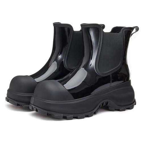 AONEGOLD Damen Regenstiefel Wasserdichte Gummistiefel Rutschfest Dicker Absatz Stiefeletten Leicht Atmungsaktiv Regenstiefel Outdoor Mode Gartenschuhe (Schwarz,39EU) von AONEGOLD