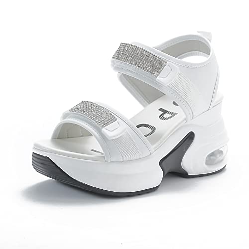 AONEGOLD Damen Sandalen Keilabsatz Sandaletten Slope Ferse Sandalen Weiblichen Luftgepolsterte Schuhe Sommer Frauen Schuhe Neue Klettverschluss Innen Hohe Sandalen(Weiß,38EU) von AONEGOLD