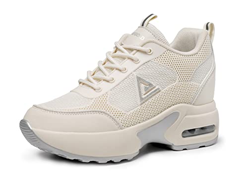 AONEGOLD Damen Sneaker Wedges mit Keilabsatz 8cm Turnschuhe Atmungsaktive Freizeitschuhe Sportschuhe(Beige-Silber,37EU) von AONEGOLD