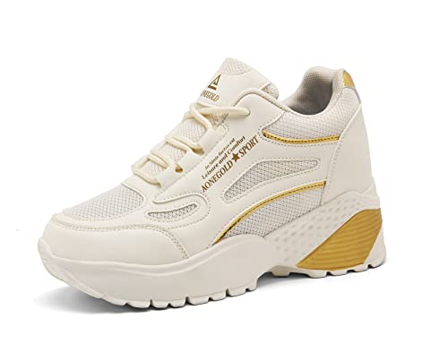 AONEGOLD Damen Sneaker Wedges mit Keilabsatz Turnschuhe Sportschuhe Laufschuhe Atmungsaktive Mesh Freizeitschuhe(Beige-2,42EU) von AONEGOLD